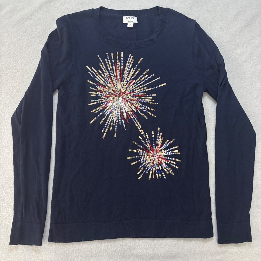 J.Crew Teddie Sweater Navy Blue Sequin Firework Cotton Knit Top AQ596 Small